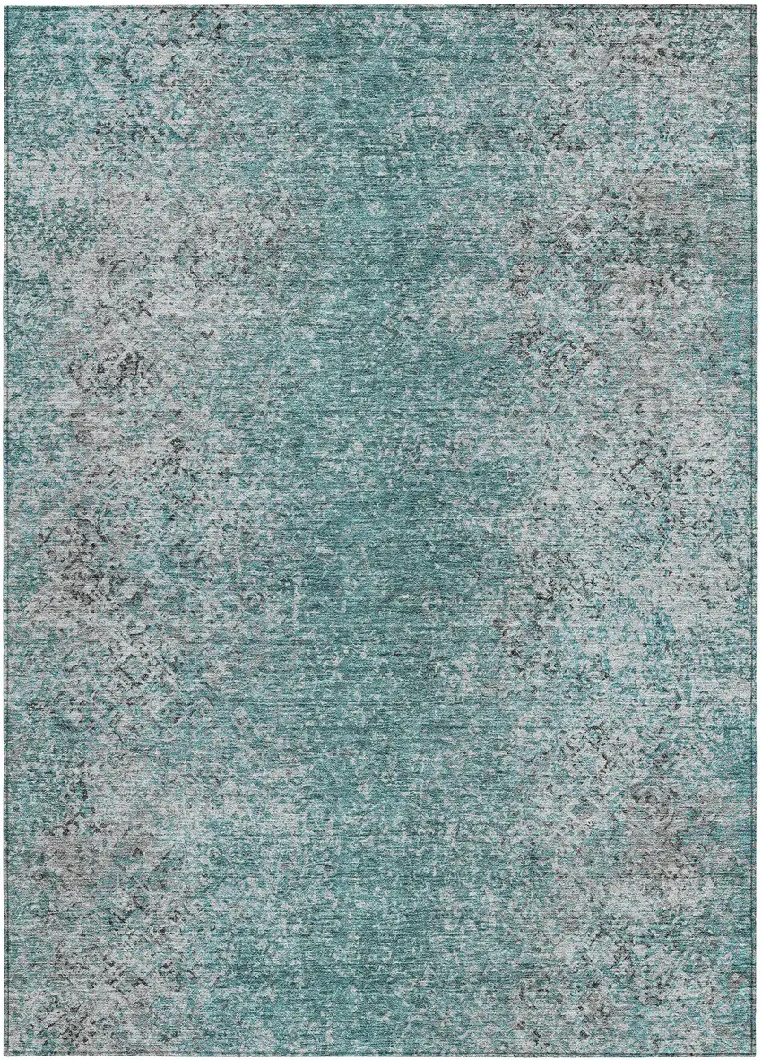 Teal Blue Gray And Charcoal Oriental Washable Indoor Outdoor Area Rug Photo 7