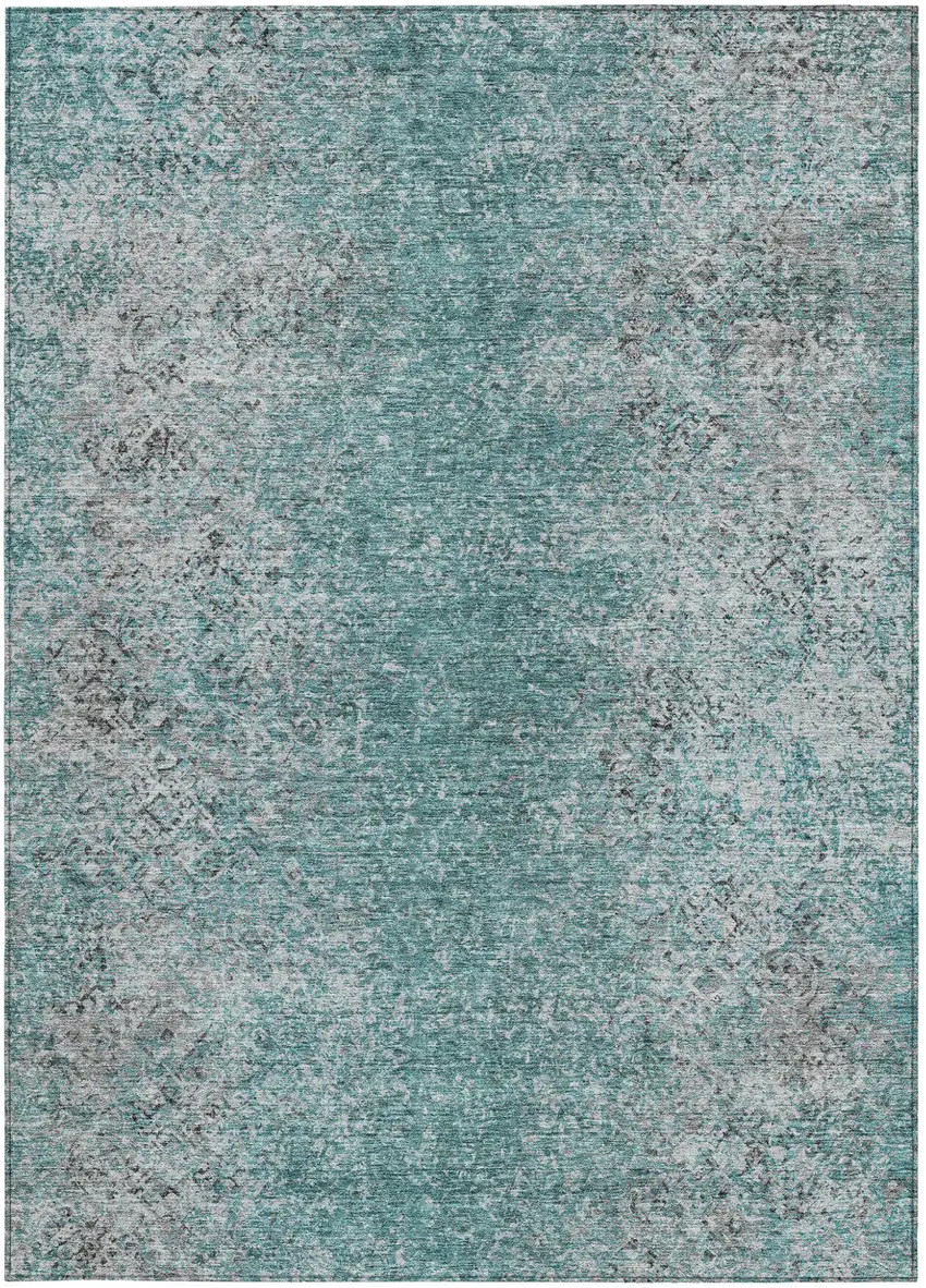 Teal Blue Gray And Charcoal Oriental Washable Indoor Outdoor Area Rug Photo 7
