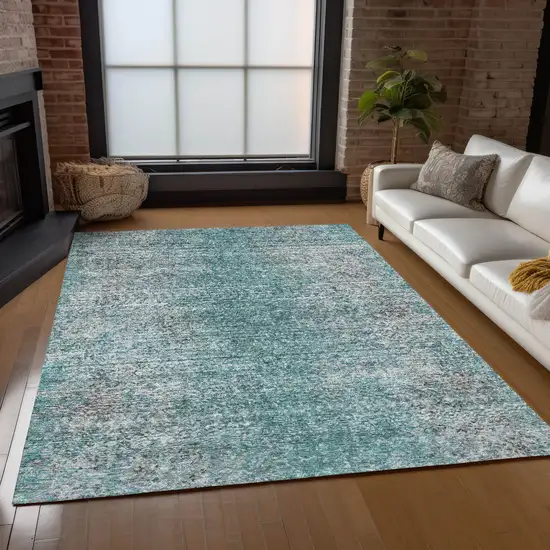 Teal Blue Gray And Charcoal Oriental Washable Indoor Outdoor Area Rug Photo 9