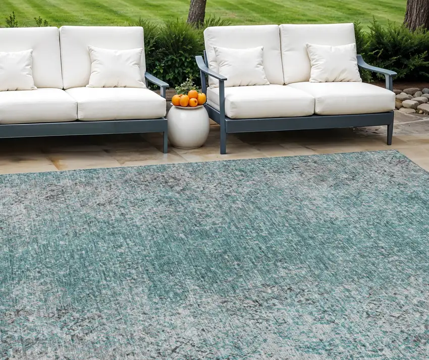 Teal Blue Gray And Charcoal Oriental Washable Indoor Outdoor Area Rug Photo 1