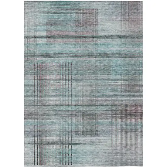 Teal Blue Gray And Charcoal Striped Washable Indoor Outdoor Area Rug Photo 2