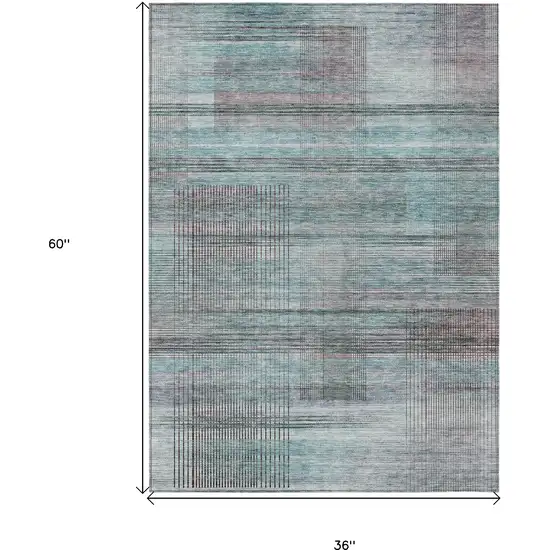Teal Blue Gray And Charcoal Striped Washable Indoor Outdoor Area Rug Photo 3