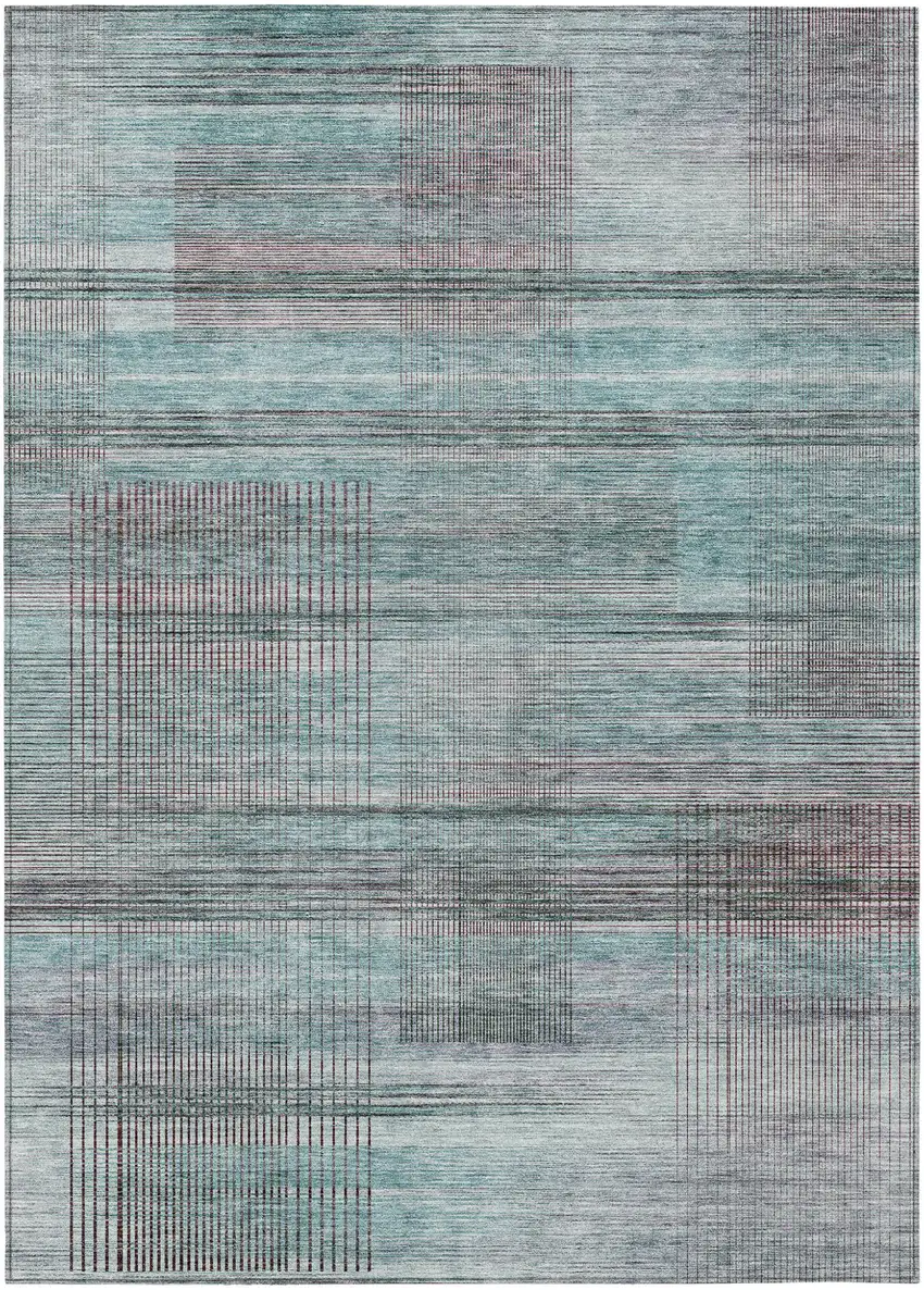 Teal Blue Gray And Charcoal Striped Washable Indoor Outdoor Area Rug Photo 2