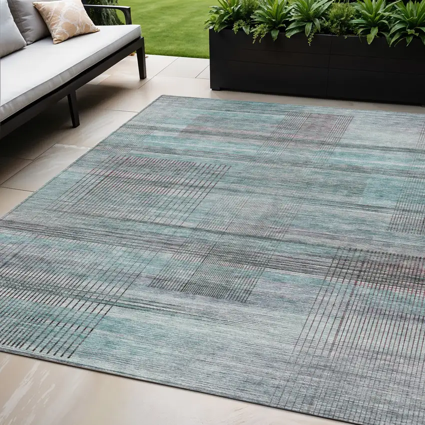 Teal Blue Gray And Charcoal Striped Washable Indoor Outdoor Area Rug Photo 1