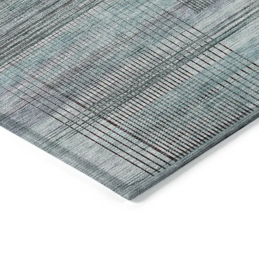 Teal Blue Gray And Charcoal Striped Washable Indoor Outdoor Area Rug Photo 5