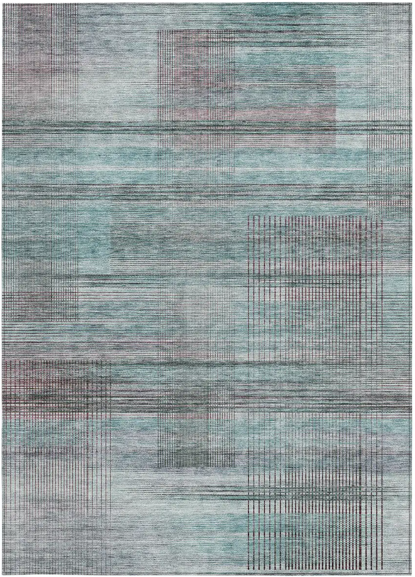 Teal Blue Gray And Charcoal Striped Washable Indoor Outdoor Area Rug Photo 7