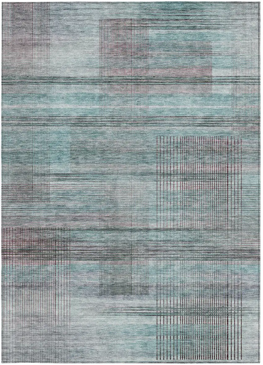 Teal Blue Gray And Charcoal Striped Washable Indoor Outdoor Area Rug Photo 7