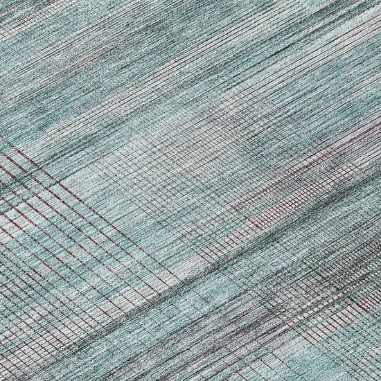 Teal Blue Gray And Charcoal Striped Washable Indoor Outdoor Area Rug Photo 8