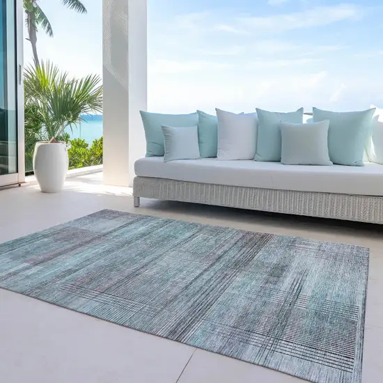 Teal Blue Gray And Charcoal Striped Washable Indoor Outdoor Area Rug Photo 8