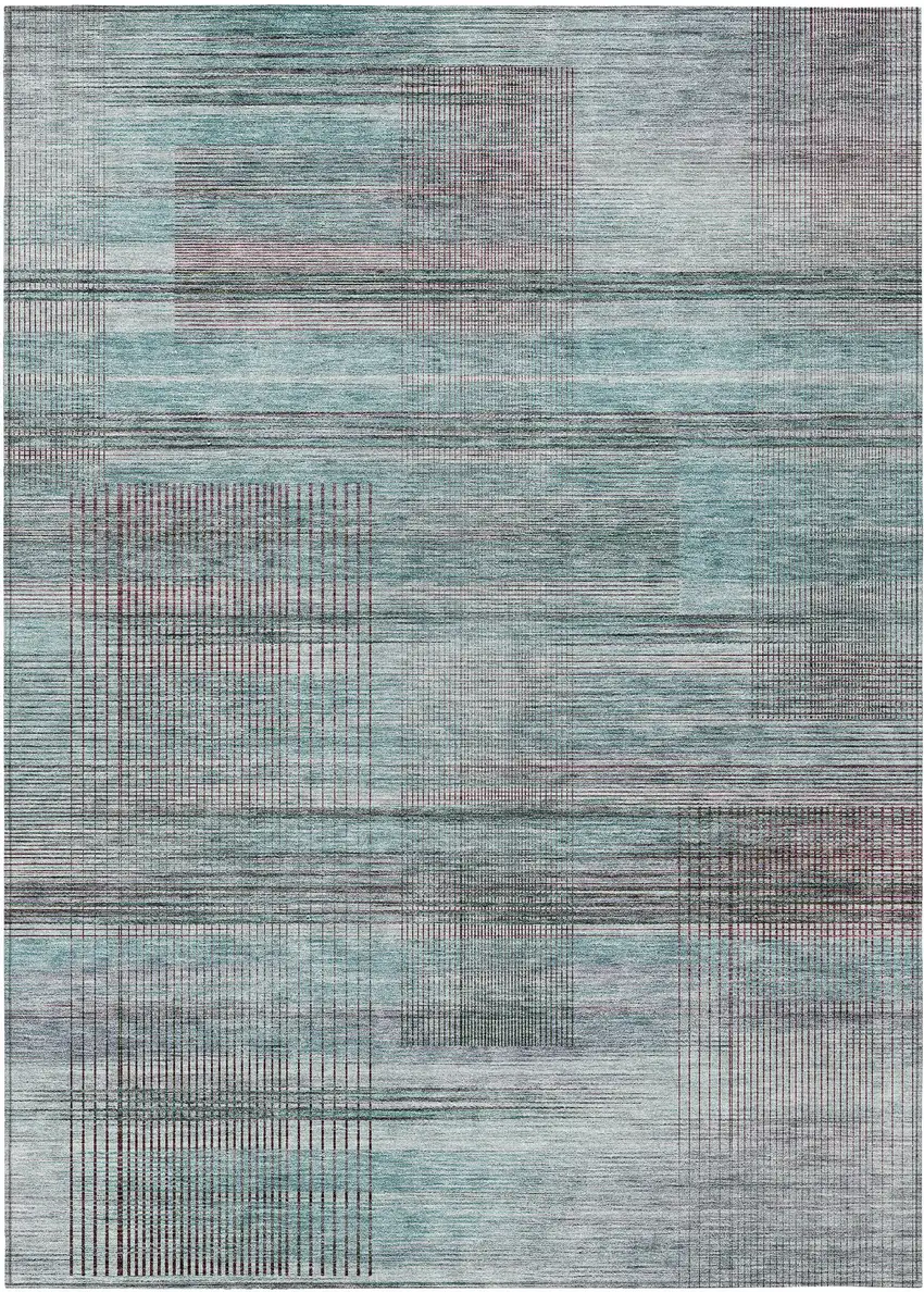 Teal Blue Gray And Charcoal Striped Washable Indoor Outdoor Area Rug Photo 2