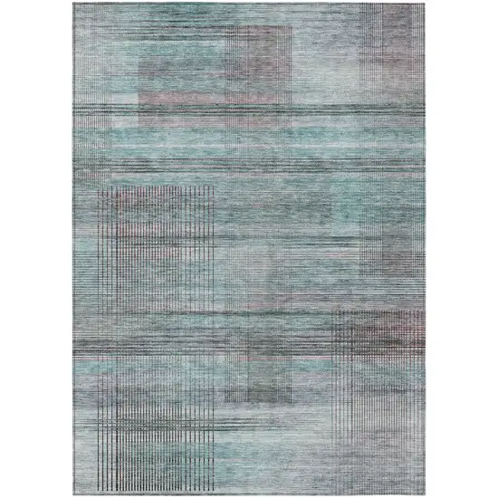 Teal Blue Gray And Charcoal Striped Washable Indoor Outdoor Area Rug Photo 2