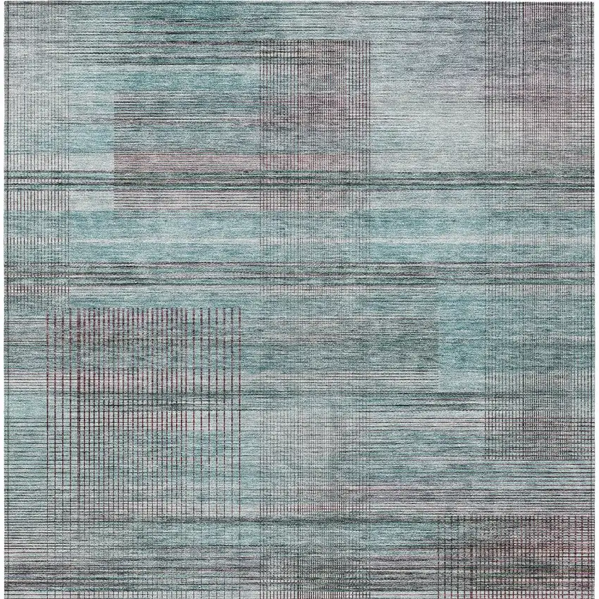 Teal Blue Gray And Charcoal Striped Washable Indoor Outdoor Area Rug Photo 7
