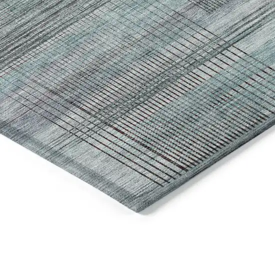 Teal Blue Gray And Charcoal Striped Washable Indoor Outdoor Area Rug Photo 5