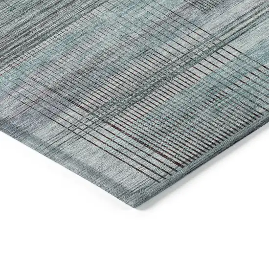 Teal Blue Gray And Charcoal Striped Washable Indoor Outdoor Area Rug Photo 5