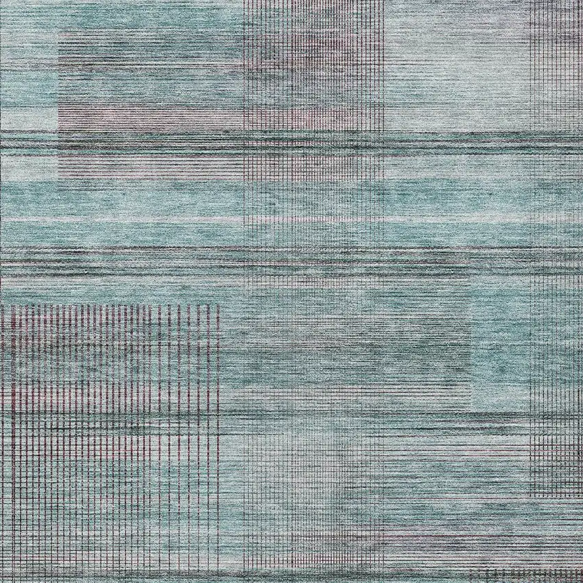 Teal Blue Gray And Charcoal Striped Washable Indoor Outdoor Area Rug Photo 6