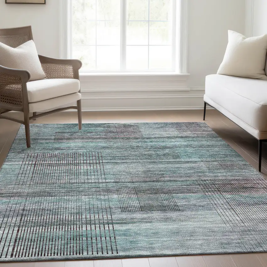 Teal Blue Gray And Charcoal Striped Washable Indoor Outdoor Area Rug Photo 9