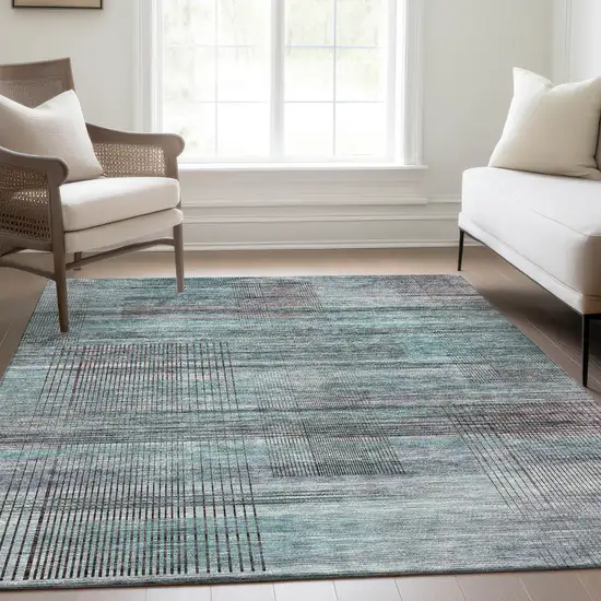 Teal Blue Gray And Charcoal Striped Washable Indoor Outdoor Area Rug Photo 9