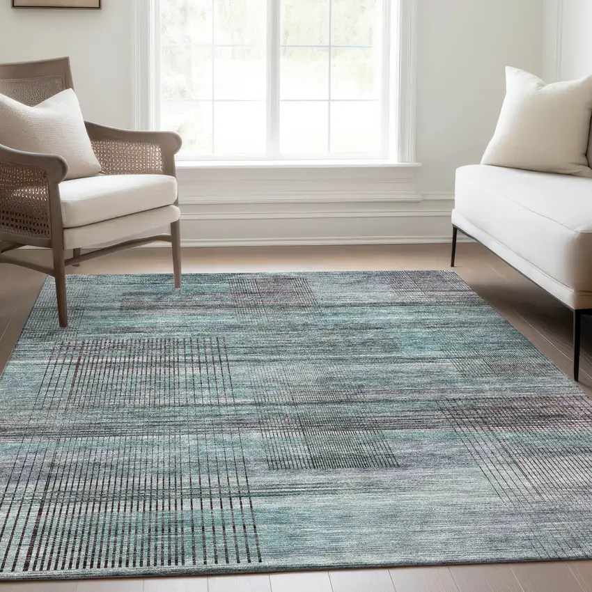Teal Blue Gray And Charcoal Striped Washable Indoor Outdoor Area Rug Photo 9