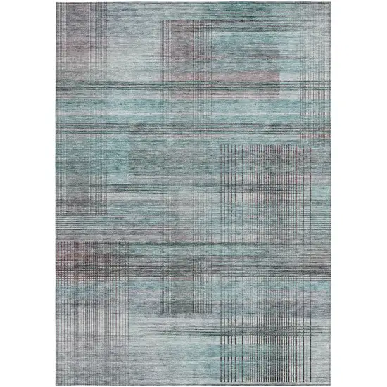 Teal Blue Gray And Charcoal Striped Washable Indoor Outdoor Area Rug Photo 5