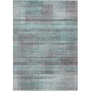 Photo of Teal Blue Gray And Charcoal Striped Washable Indoor Outdoor Area Rug