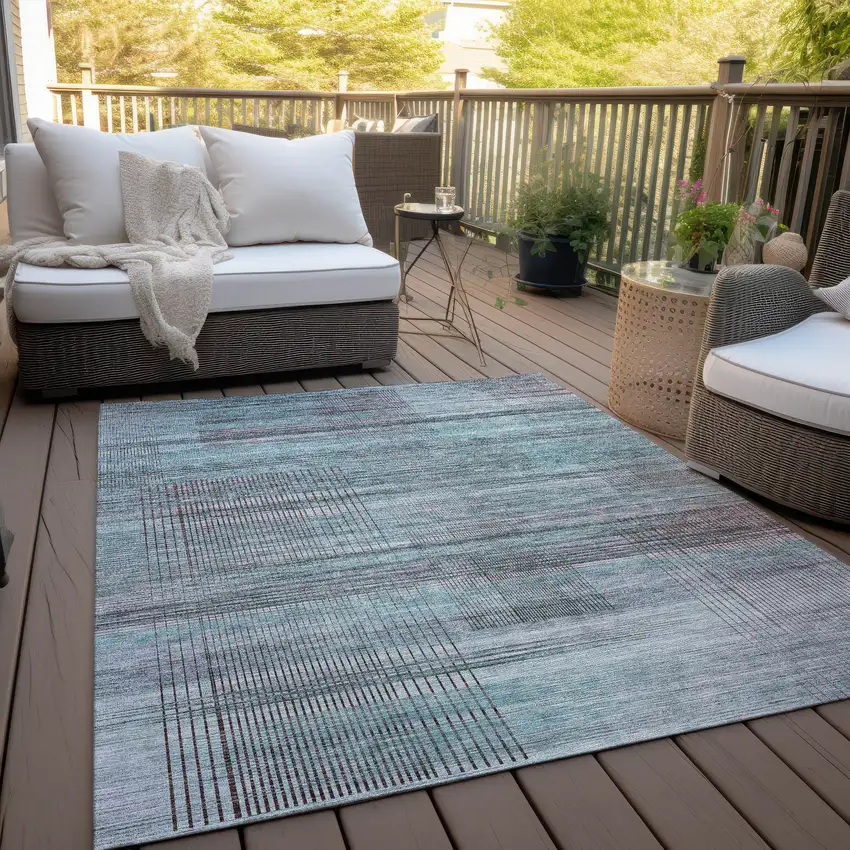 Teal Blue Gray And Charcoal Striped Washable Indoor Outdoor Area Rug Photo 9