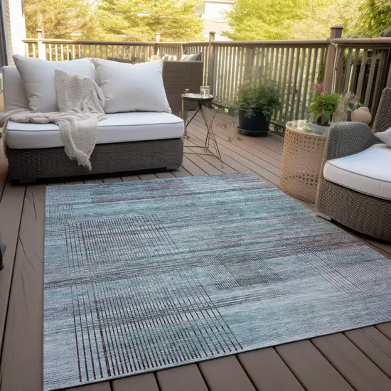 Teal Blue Gray And Charcoal Striped Washable Indoor Outdoor Area Rug Photo 9