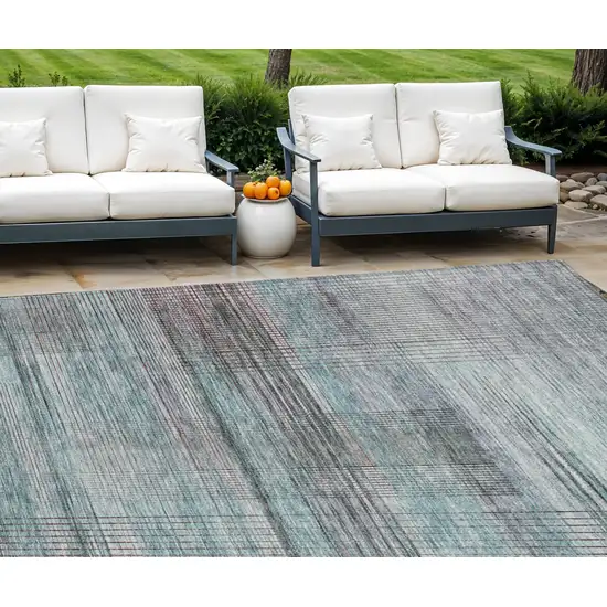 Teal Blue Gray And Charcoal Striped Washable Indoor Outdoor Area Rug Photo 1