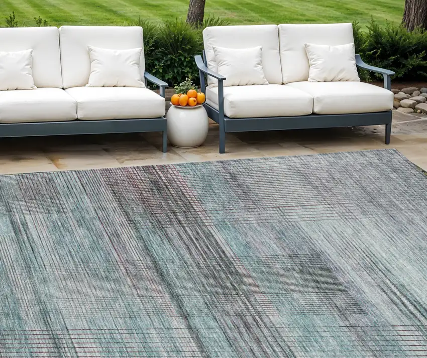 Teal Blue Gray And Charcoal Striped Washable Indoor Outdoor Area Rug Photo 1