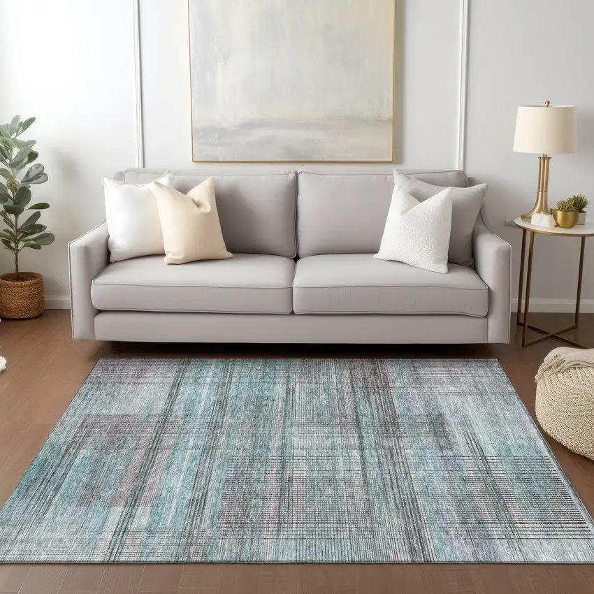 Teal Blue Gray And Charcoal Striped Washable Indoor Outdoor Area Rug Photo 8