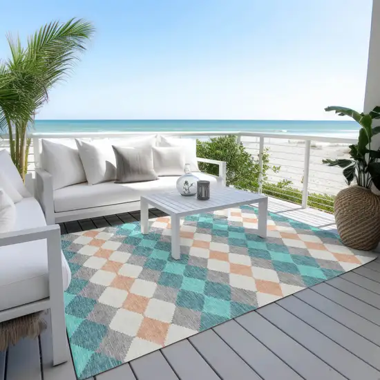 Teal Blue Gray And Copper Geometric Washable Indoor Outdoor Area Rug Photo 9