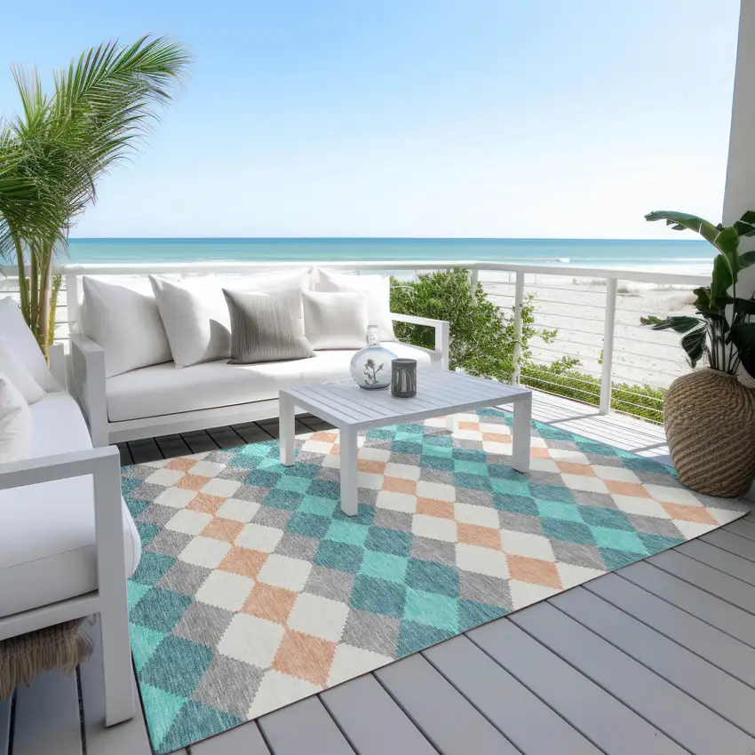 Teal Blue Gray And Copper Geometric Washable Indoor Outdoor Area Rug Photo 9