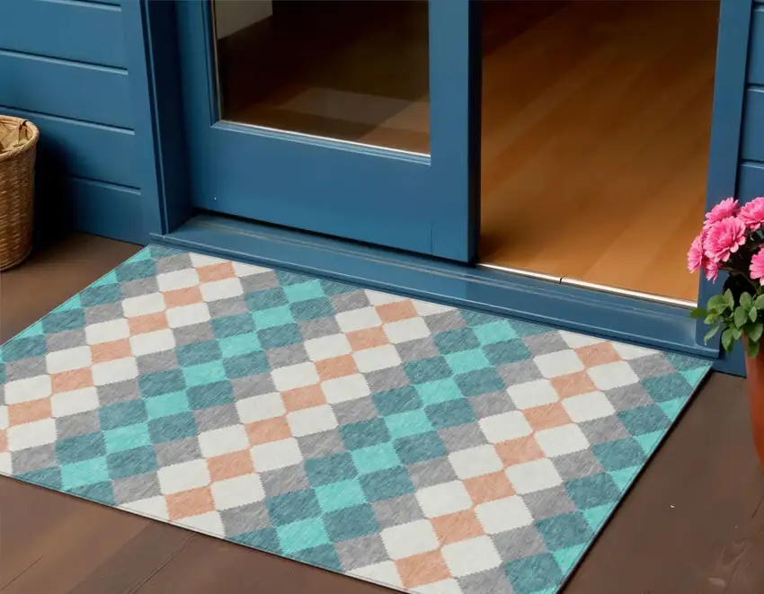 Teal Blue Gray And Copper Geometric Washable Indoor Outdoor Area Rug Photo 1