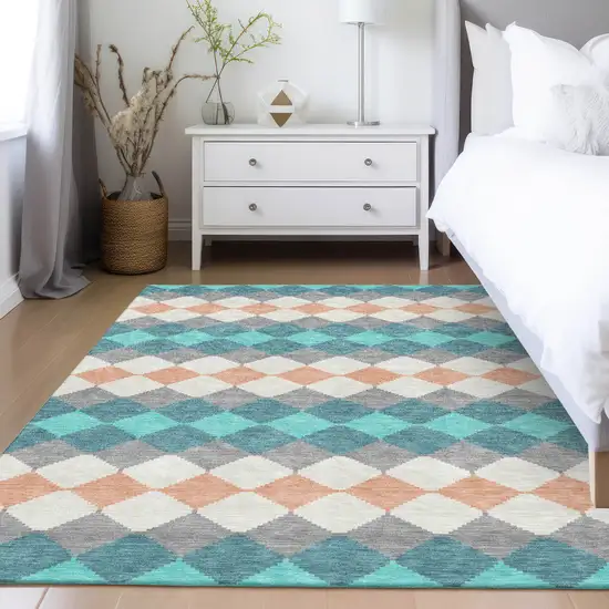Teal Blue Gray And Copper Geometric Washable Indoor Outdoor Area Rug Photo 9