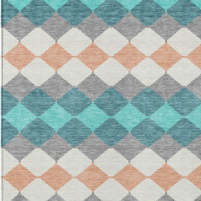 Teal Blue Gray And Copper Geometric Washable Indoor Outdoor Area Rug Photo 6