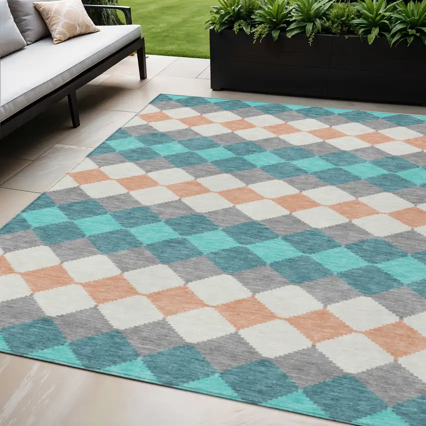 Teal Blue Gray And Copper Geometric Washable Indoor Outdoor Area Rug Photo 1