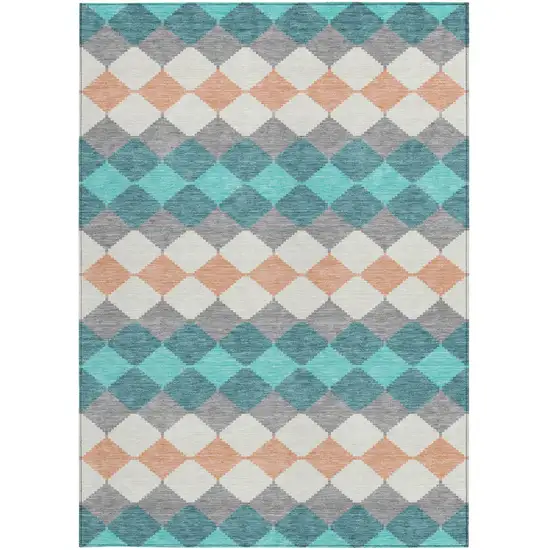 Teal Blue Gray And Copper Geometric Washable Indoor Outdoor Area Rug Photo 7