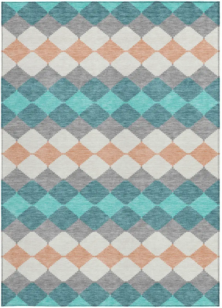 Teal Blue Gray And Copper Geometric Washable Indoor Outdoor Area Rug Photo 7