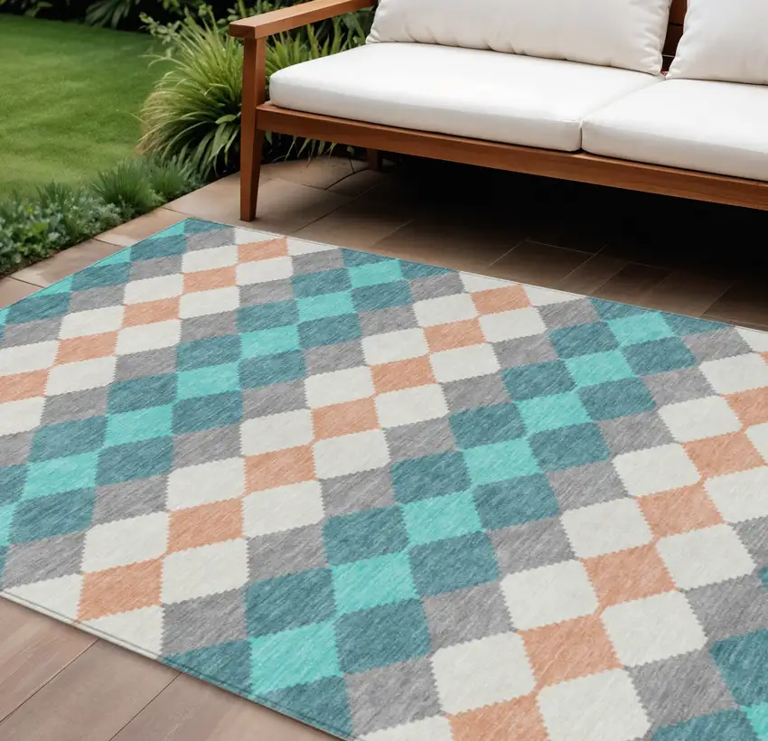 Teal Blue Gray And Copper Geometric Washable Indoor Outdoor Area Rug Photo 1