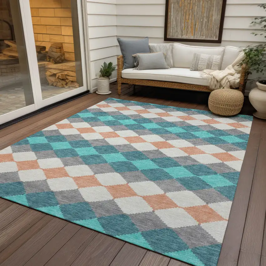 Teal Blue Gray And Copper Geometric Washable Indoor Outdoor Area Rug Photo 8
