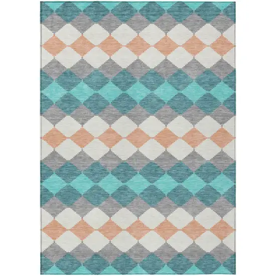 Teal Blue Gray And Copper Geometric Washable Indoor Outdoor Area Rug Photo 2