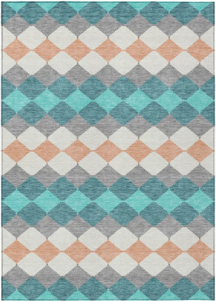 Teal Blue Gray And Copper Geometric Washable Indoor Outdoor Area Rug Photo 2