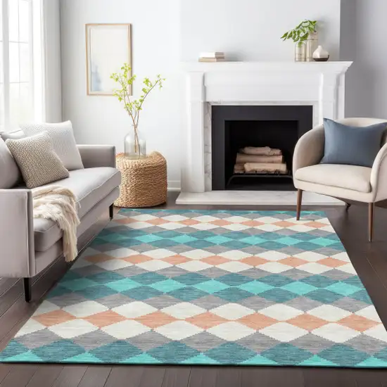 Teal Blue Gray And Copper Geometric Washable Indoor Outdoor Area Rug Photo 9