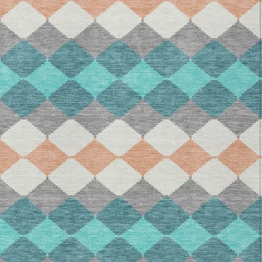 Teal Blue Gray And Copper Geometric Washable Indoor Outdoor Area Rug Photo 6