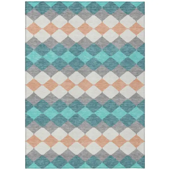 Teal Blue Gray And Copper Geometric Washable Indoor Outdoor Area Rug Photo 2