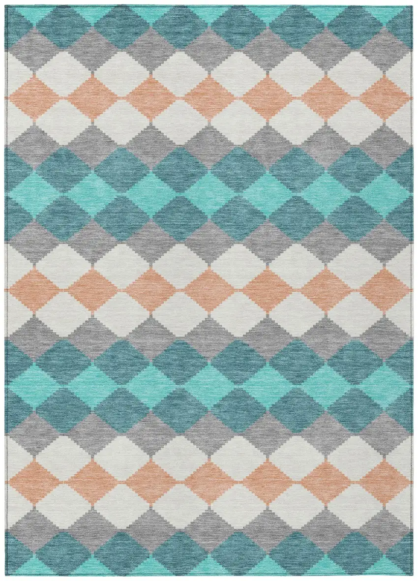 Teal Blue Gray And Copper Geometric Washable Indoor Outdoor Area Rug Photo 2