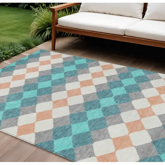 Teal Blue Gray And Copper Geometric Washable Indoor Outdoor Area Rug Photo 1