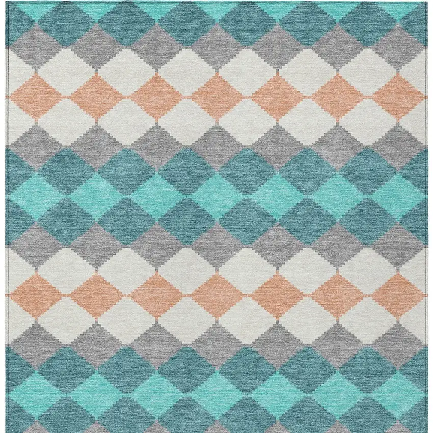 Teal Blue Gray And Copper Geometric Washable Indoor Outdoor Area Rug Photo 7