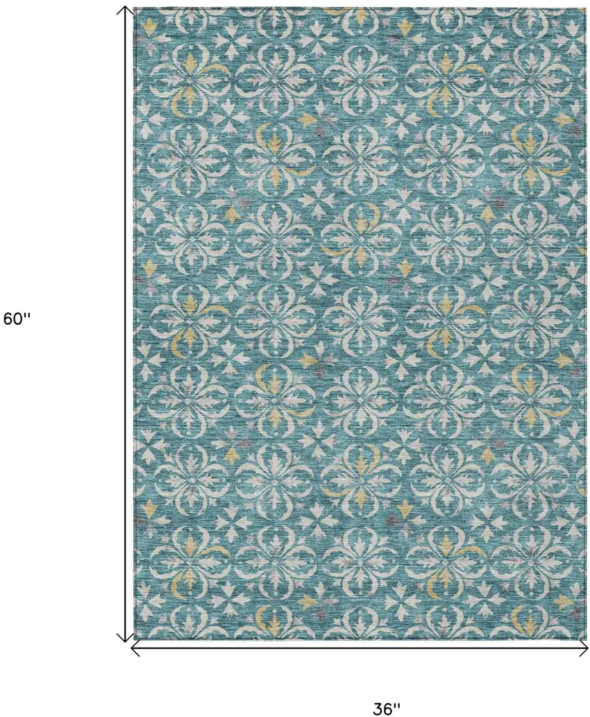 Teal Blue Gray And Gold Floral Washable Indoor Outdoor Area Rug Photo 3