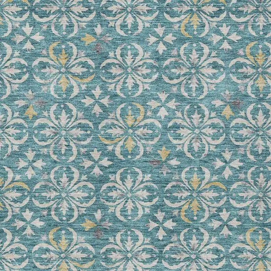 Teal Blue Gray And Gold Floral Washable Indoor Outdoor Area Rug Photo 5