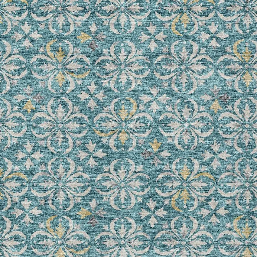 Teal Blue Gray And Gold Floral Washable Indoor Outdoor Area Rug Photo 5